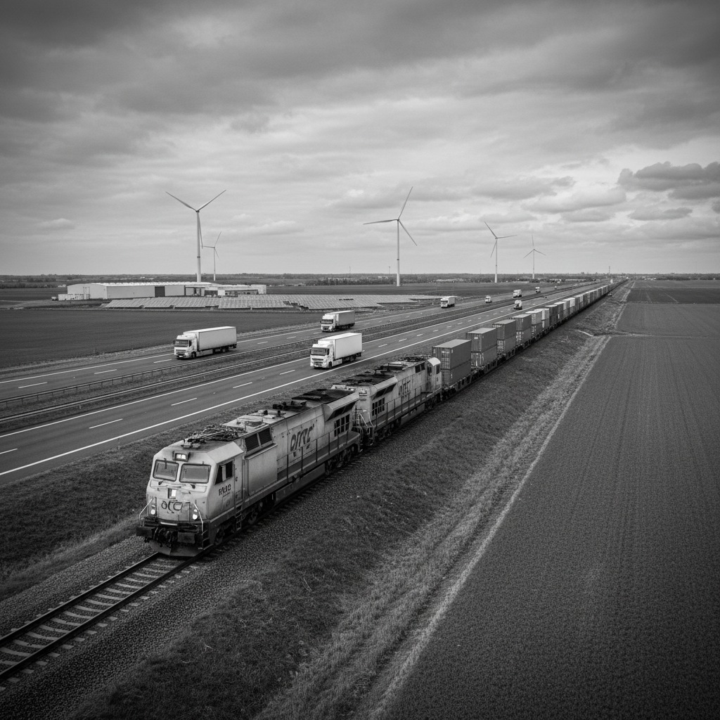 Yan yana uzanan demir yolunda ilerleyen yük treni ve otoyolda seyreden tırlar, arka planda rüzgar türbinleri ile birlikte kırsal bir alanda görülüyor.